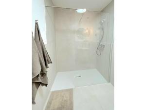 a white bathroom with a shower with a glass door at Holiday apartment ceramics - dreams in Mettlach
