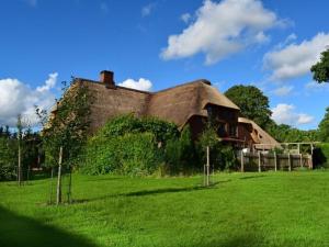 een groot huis met een rieten dak op een groen veld bij Holiday apartment Ebbe in Stedesand