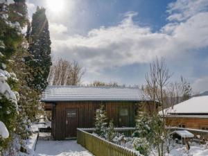 uma cabana de madeira com neve no telhado em Holiday home sunshine em Bad Kötzting