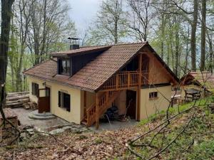 a small house with a wooden roof in the woods at Holiday home Waldhaus Edelweiss in Scheßlitz +16 photos
