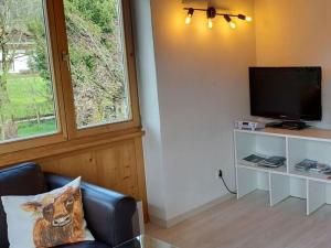 a living room with a couch and a flat screen tv at Holiday apartment Alpenrose in Rieden am Forggensee