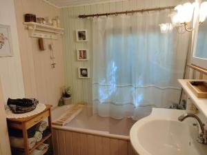 a bathroom with a tub and a sink and a shower at Holiday home fairytale hut in Biedenkopf