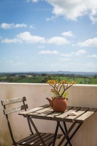 una mesa de madera con una maceta en el balcón en Costa Vicentina cottage with a view, en Cercal