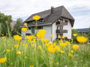 a field of yellow flowers in front of a house at Holiday apartment Bergwiese in Lenzkirch