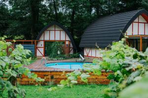a house with a swimming pool in the yard at Sen i Wino, domki i apartament na winnicy ze strefą SPA in Żywiec