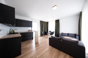 a living room with a couch and a kitchen at Apartmány Trojice in Hynčice pod Sušinou