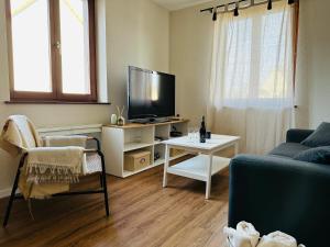 ein Wohnzimmer mit einem TV, einem Sofa und einem Tisch in der Unterkunft Charmant appartement 2 pièces in Ostheim