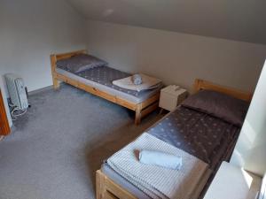 two twin beds in a room with at Domek Chmiel II nad Jeziorem Tarnobrzeskim in Chmielów