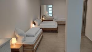 een kamer met 3 bedden en een spiegel bij Eleonoras Ferienwohnung in Würzburg Stadt mit Terrasse und eigenen Parkplätzen vor der Tür, für große Gruppen bis zu 13 Personen geeignet in Würzburg +3 foto's