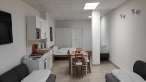 een keuken en woonkamer met een tafel en een bank bij Eleonoras Ferienwohnung in Würzburg Stadt mit Terrasse und eigenen Parkplätzen vor der Tür, für große Gruppen bis zu 13 Personen geeignet in Würzburg