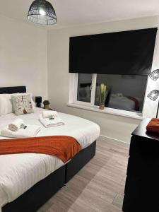 a bedroom with a large bed with a large window at Sunny Apartment In Cheltenham in Cheltenham