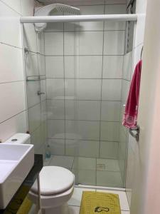 a bathroom with a shower with a toilet and a sink at Apto Lindo/Aconchegante perto da UEL/bares/ centro in Londrina