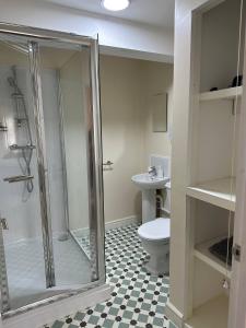 a bathroom with a shower and a toilet and a sink at Yellow Sunflowers Flat In Stroud in Stroud