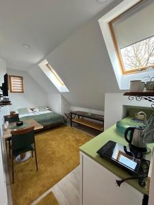 Camera con letto e scrivania con tavolo di Slovenian House Vida a Bled
