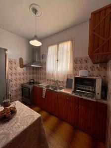 una cucina con lavandino e forno a microonde di Stefanos Apartments by SV Alians ad Agios Gordios