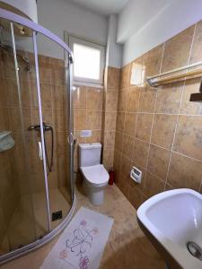 e bagno con doccia, servizi igienici e lavandino. di Stefanos Apartments by SV Alians ad Agios Gordios