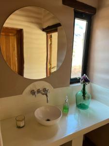 W łazience znajduje się umywalka z lustrem oraz waza z kwiatami. w obiekcie La Ventanita de Maima w mieście Maimará