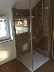 y baño con ducha y puerta de cristal. en Häuschen direkt am See mit Sauna, en Bestensee
