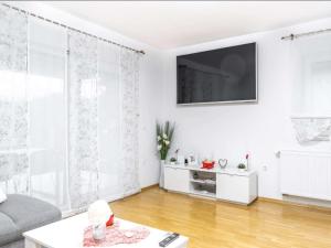 ein Wohnzimmer mit weißen Wänden und einem Flachbild-TV in der Unterkunft Holiday Home Dom & San in Varaždin