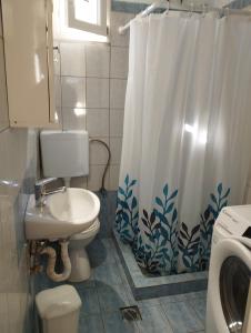 een badkamer met een toilet en een douchegordijn bij Atsoupi Home in Ratzaklíon