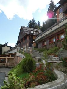 a house with a garden in front of it at Bilocale Alberti - Casa di Legno in Madonna di Campiglio