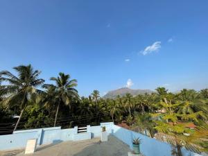 a view of a resort with palm trees and a mountain at Countryside inn in Tiruvankod