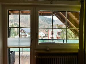 an open window with a view of a house at Chalet MOOS in Todtmoos