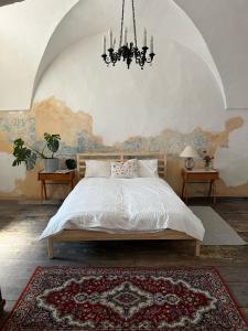 een slaapkamer met een bed en een kroonluchter bij Central house with private garden in Kutná Hora