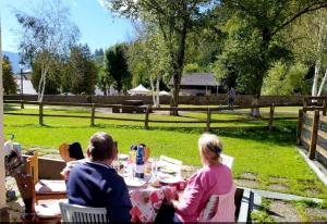 a group of people sitting at a table in a park at La casa dello scoiattolo primierotto in Tonadico