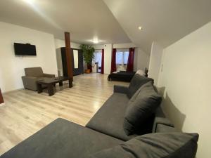 a living room with a couch and a tv at Ceglany Dworek in Chojnów