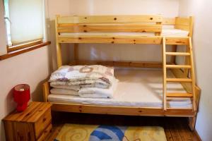a wooden bunk bed in a room with a table at Basen Przesieka - drewniany dom z dużym stawem kąpielowym in Przesieka