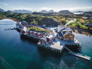 an aerial view of a dock in the water at Nyvågar Rorbuhotell - by Classic Norway Hotels in Kabelvåg