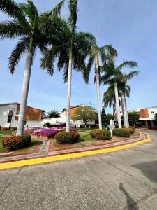 a street with palm trees and flowers on a road at Casa frente al centro comercial Guatapuri in Valledupar