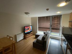 a living room with a couch and a flat screen tv at Immaculate 2-Bed Duplex Apartment in Leeds in Leeds