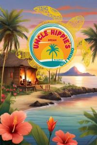 une affiche pour un restaurant de l'île aux ananas avec un panneau dans l'établissement Uncle Hippie's Dream, à Gili Meno