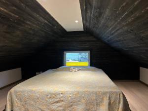 un gato acostado en una cama en una habitación con ventana en K6 MiniSpa, en Kuressaare