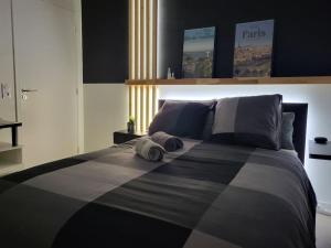 ein Schlafzimmer mit einem Bett mit zwei Kissen darauf in der Unterkunft Appartement Vélizy-Villacoublay in Vélizy-Villacoublay