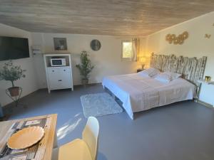 um quarto com uma cama, uma mesa e uma televisão em D’ici et d’ailleurs em Beaumont-de-Pertuis