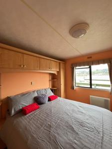 ein Schlafzimmer mit einem Bett mit roten Kissen darauf in der Unterkunft Spacious 2 bedroomed mobile home in Aberystwyth