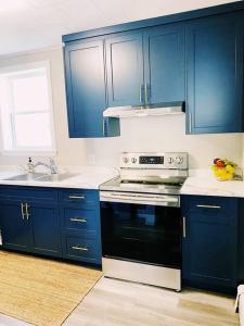 kuchnia z niebieskimi szafkami, kuchenką i zlewem w obiekcie The LOCAL BREW Perfect For FOODIES BEER LOVERS w mieście Fredericton