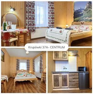 2 fotos de una habitación con cama y cocina en Wesoła Chatka - Krupówki 37a -CENTRUM en Zakopane