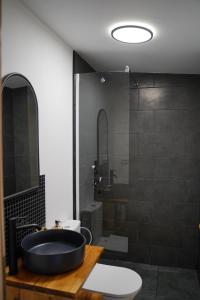 ein Bad mit einem schwarzen Waschbecken und einer Dusche in der Unterkunft Tiny House Maguri in Măguri