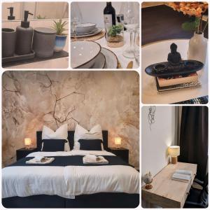 a collage of pictures of a bedroom with a bed at Altstadt-oase in Cottbus