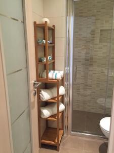 a bathroom with a towel rack next to a shower at Apartment Remy in Pula