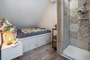 a small attic bedroom with a bed and a shower at Fachwerk in Neustadt an der Weinstraße +16 photos