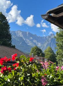 加尔米施-帕滕基兴Ferienwohnung Theresia的鲜花盛开的花园享有山景。