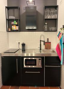 加尔米施-帕滕基兴Ferienwohnung Theresia的厨房里有水槽和微波炉 更多54张照片