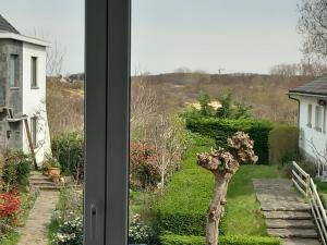 a window view of a garden with a tree outside at Delightful family apartment at only 50 meters from the beach / Panne A Côte in De Panne