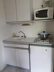 a small kitchen with a sink and a microwave at Meije 15 - A2 - Appart vue degagee- 6 pers in Les Deux Alpes