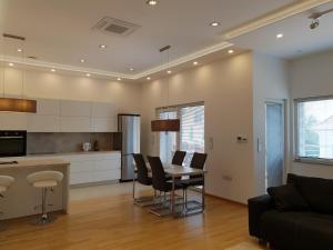 a kitchen and living room with a table and chairs at 2 Ljubljana Modern Villa Apartment in Ljubljana